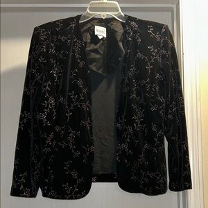 Chico's Black Velvet Jacket with Shiny Silver Floral Embroidery